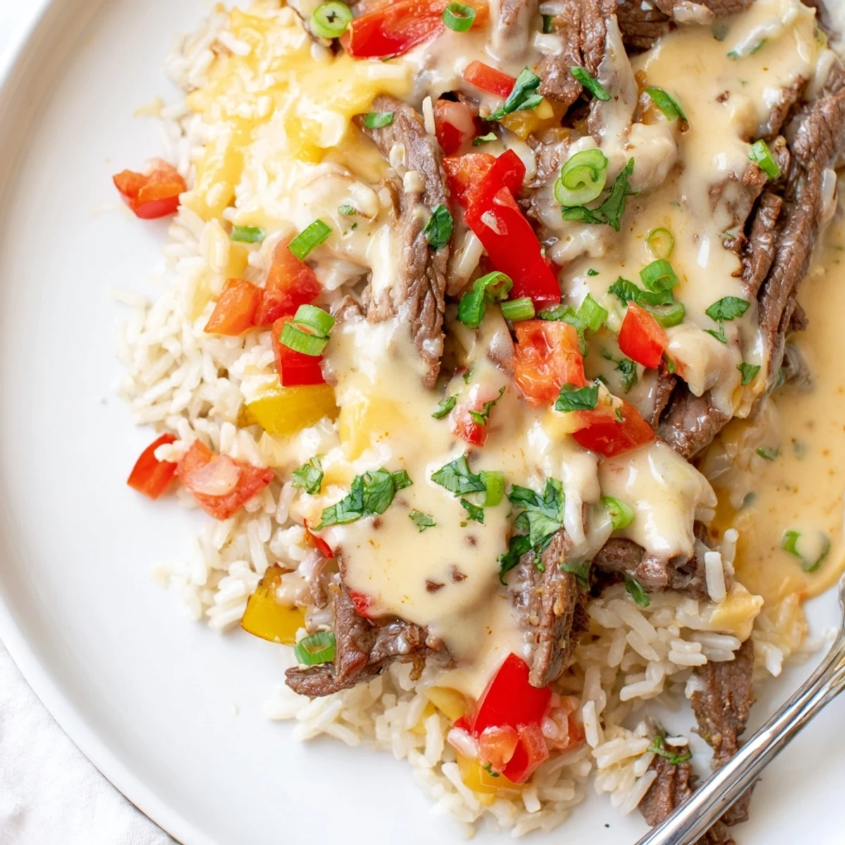 Golden steak queso rice loaded with bell peppers jalapeños and fluffy grains