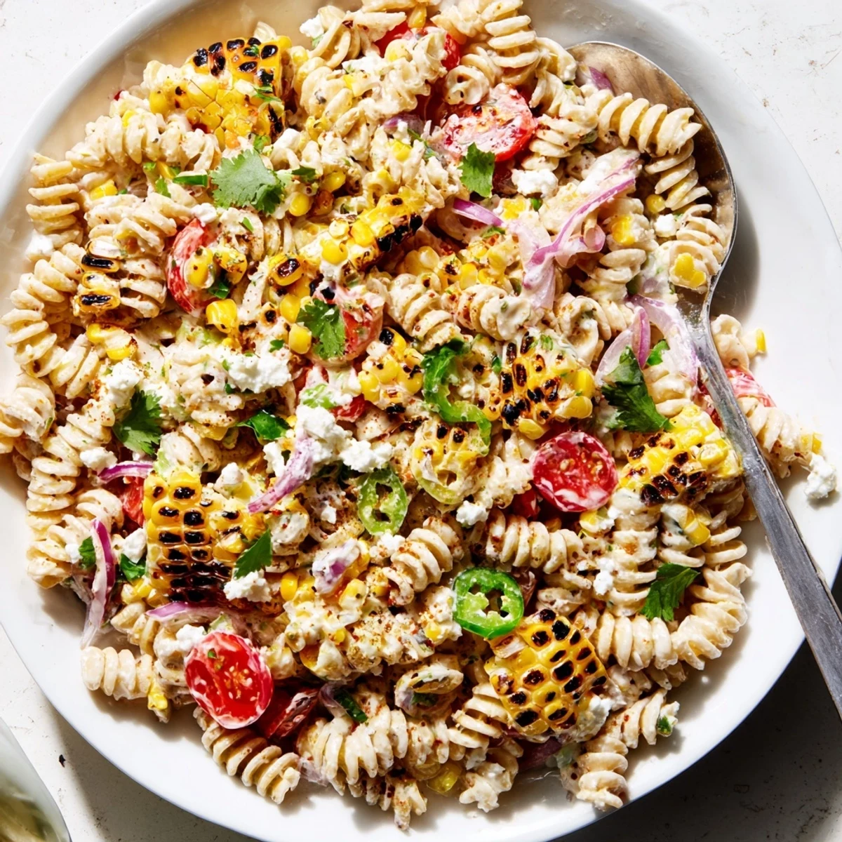 Creamy elote pasta salad with charred corn, cotija cheese, and fresh cilantro in a vibrant serving bowl