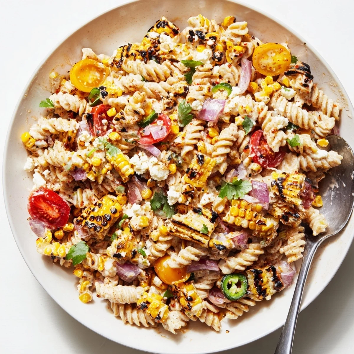 Colorful elote pasta salad featuring smoky roasted corn, tangy lime dressing, and crumbled cotija cheese