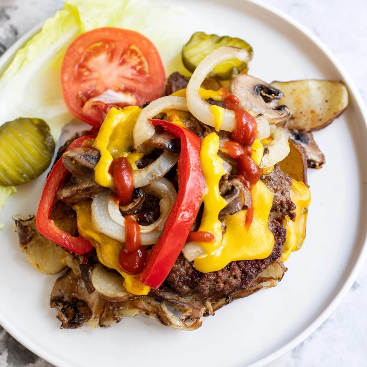 Juicy beef patty inside foil hobo packet with tender potatoes and peppers