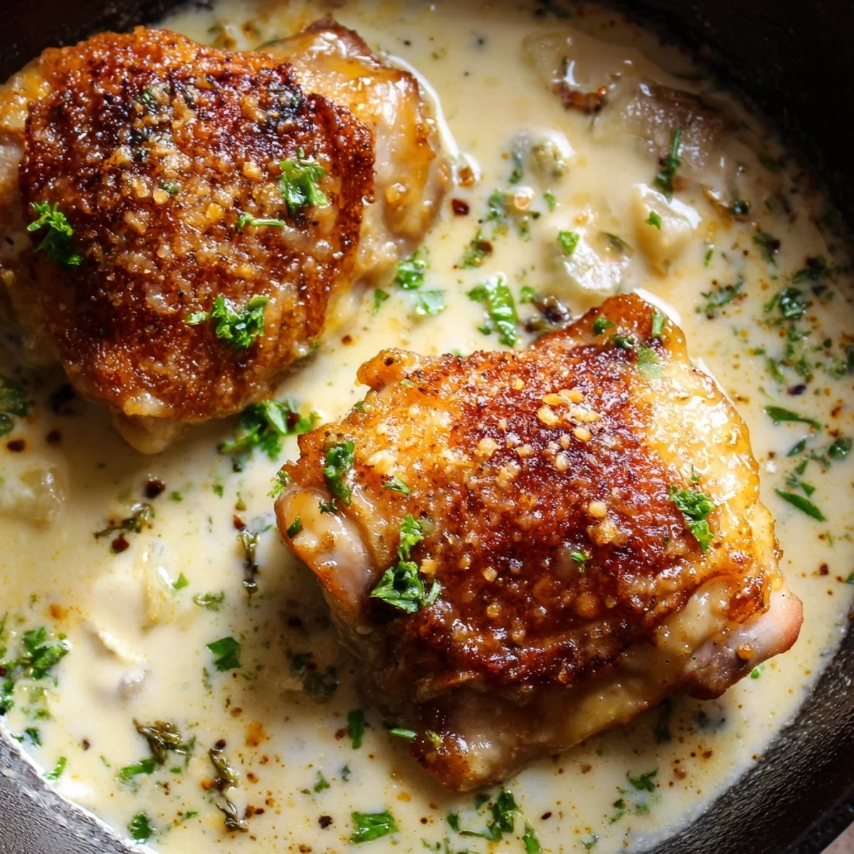 Golden baked chicken thighs nestled in a creamy parmesan garlic sauce with herbs