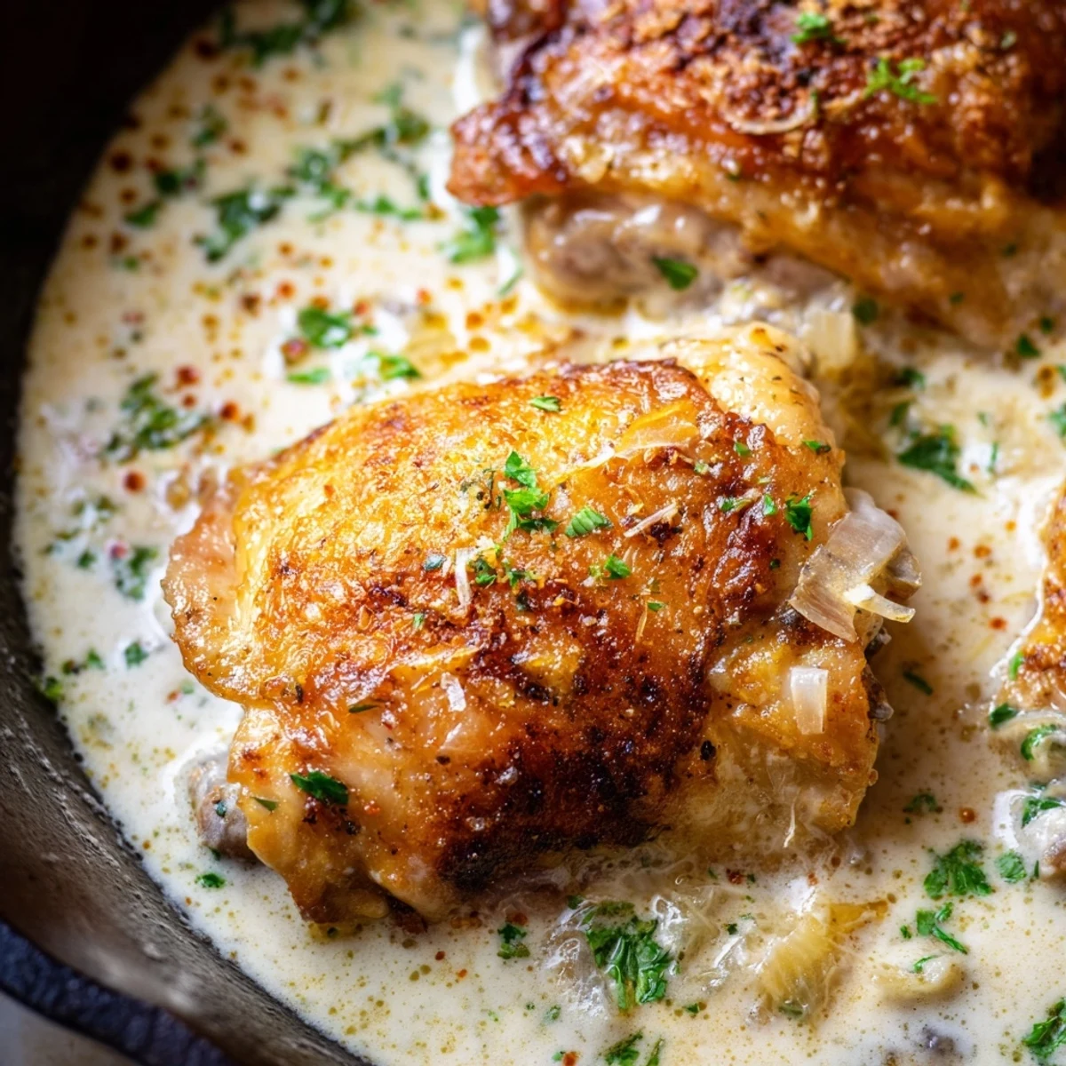Crispy-skinned oven baked chicken thighs swimming in a rich, bubbly cream sauce