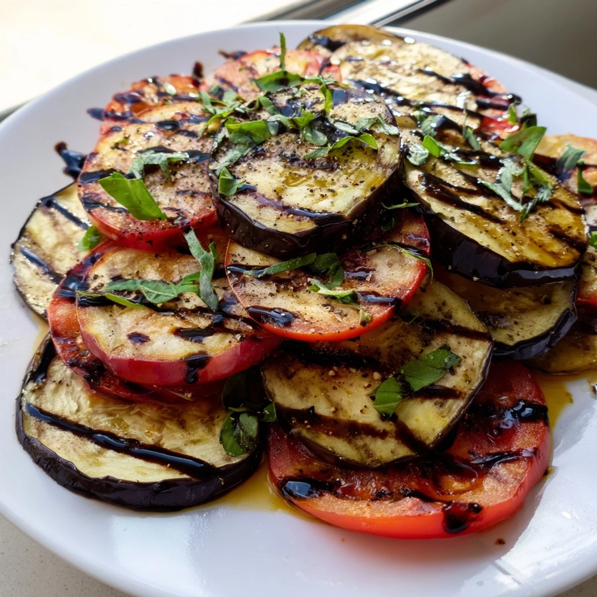Tender charred eggplant and juicy grilled tomatoes drizzled with balsamic glaze and herbs