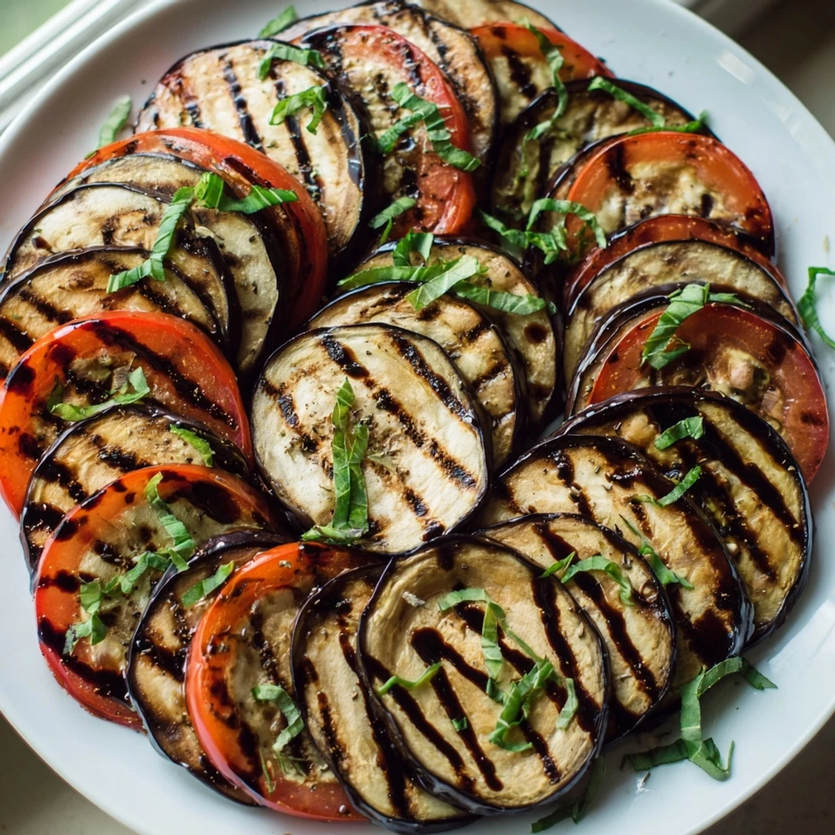 Smoky grilled tomato eggplant slices layered on a rustic Mediterranean platter with fresh basil