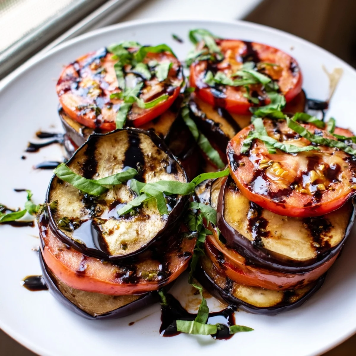 Golden grilled tomato eggplant rounds garnished with fragrant basil on a white serving dish