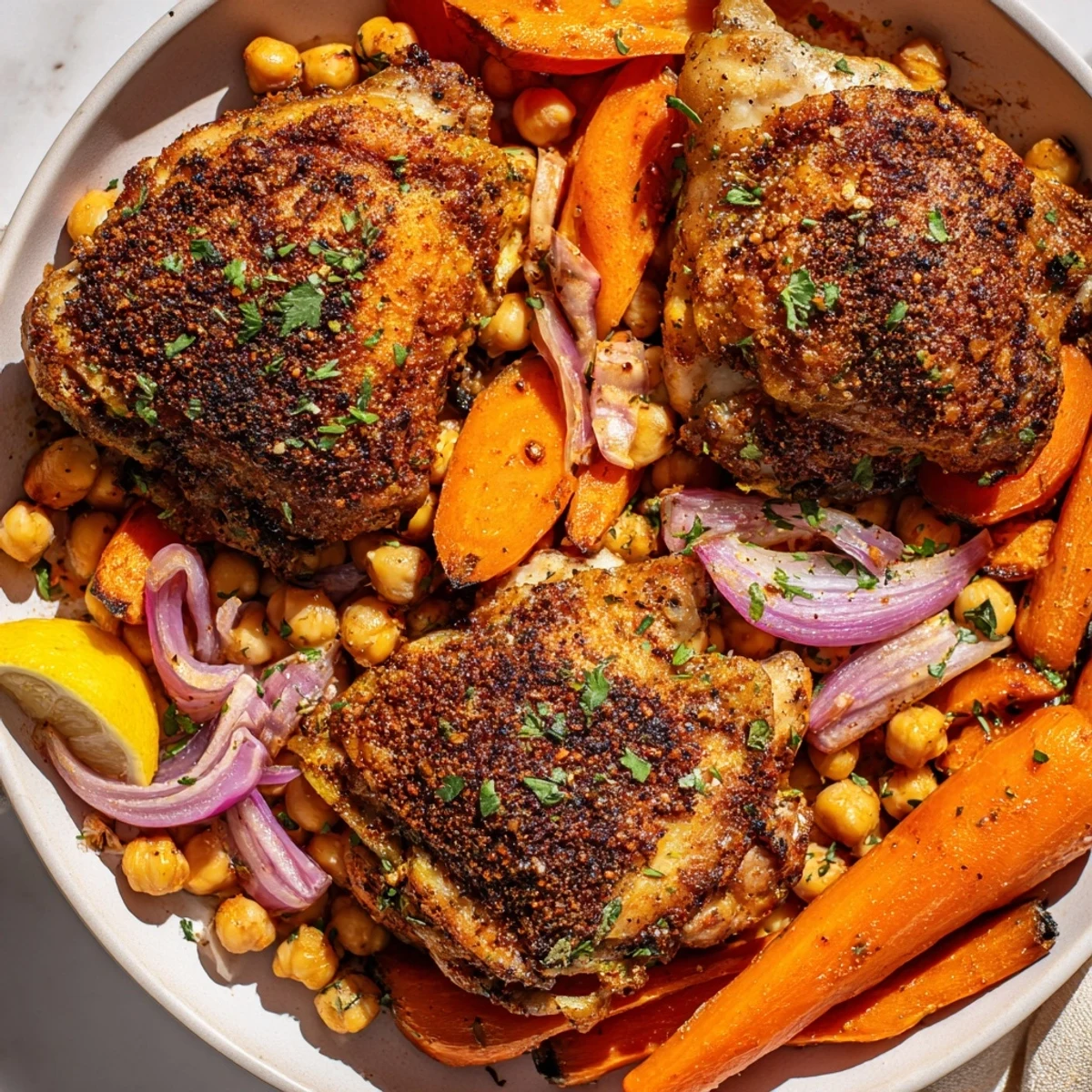 Tender sumac chicken served over roasted carrots and crispy chickpeas with parsley
