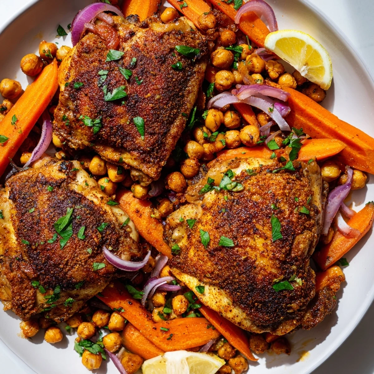 Golden sumac chicken with carrots and chickpeas roasted on a sheet pan