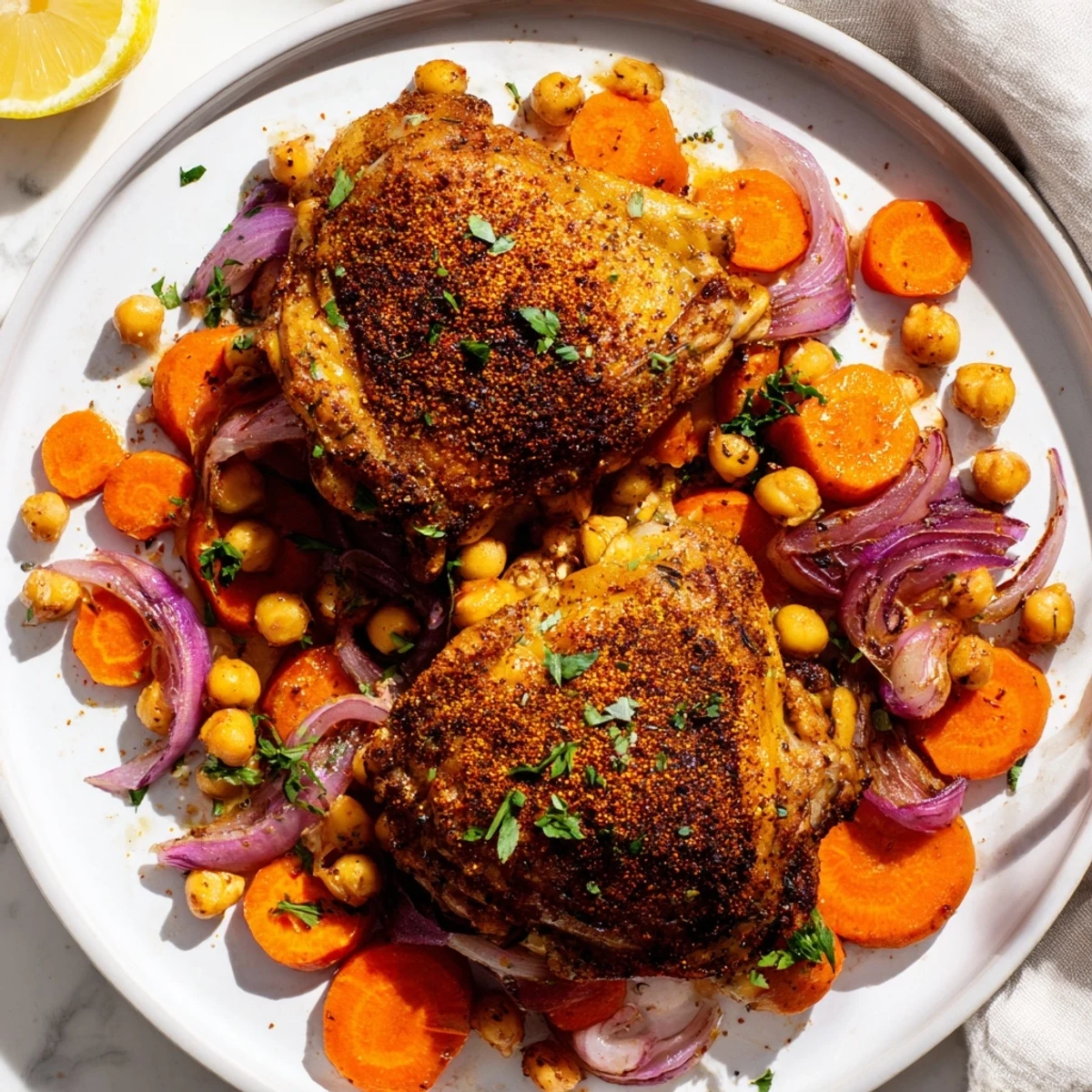 Juicy sumac chicken thighs nestled beside caramelized carrots and spiced chickpeas