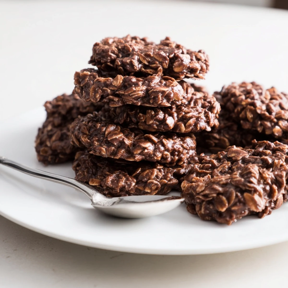 Glossy chocolate oatmeal no bake cookies stacked on parchment paper with crinkled tops