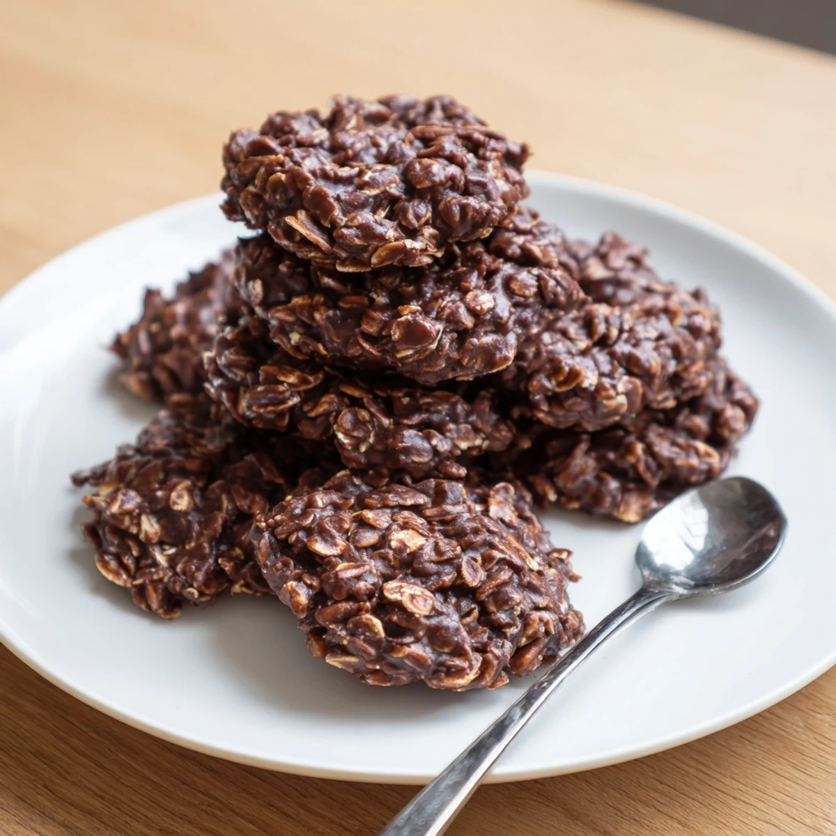 Chewy chocolate oatmeal no bake cookies dotted with oats cooling on a baking sheet