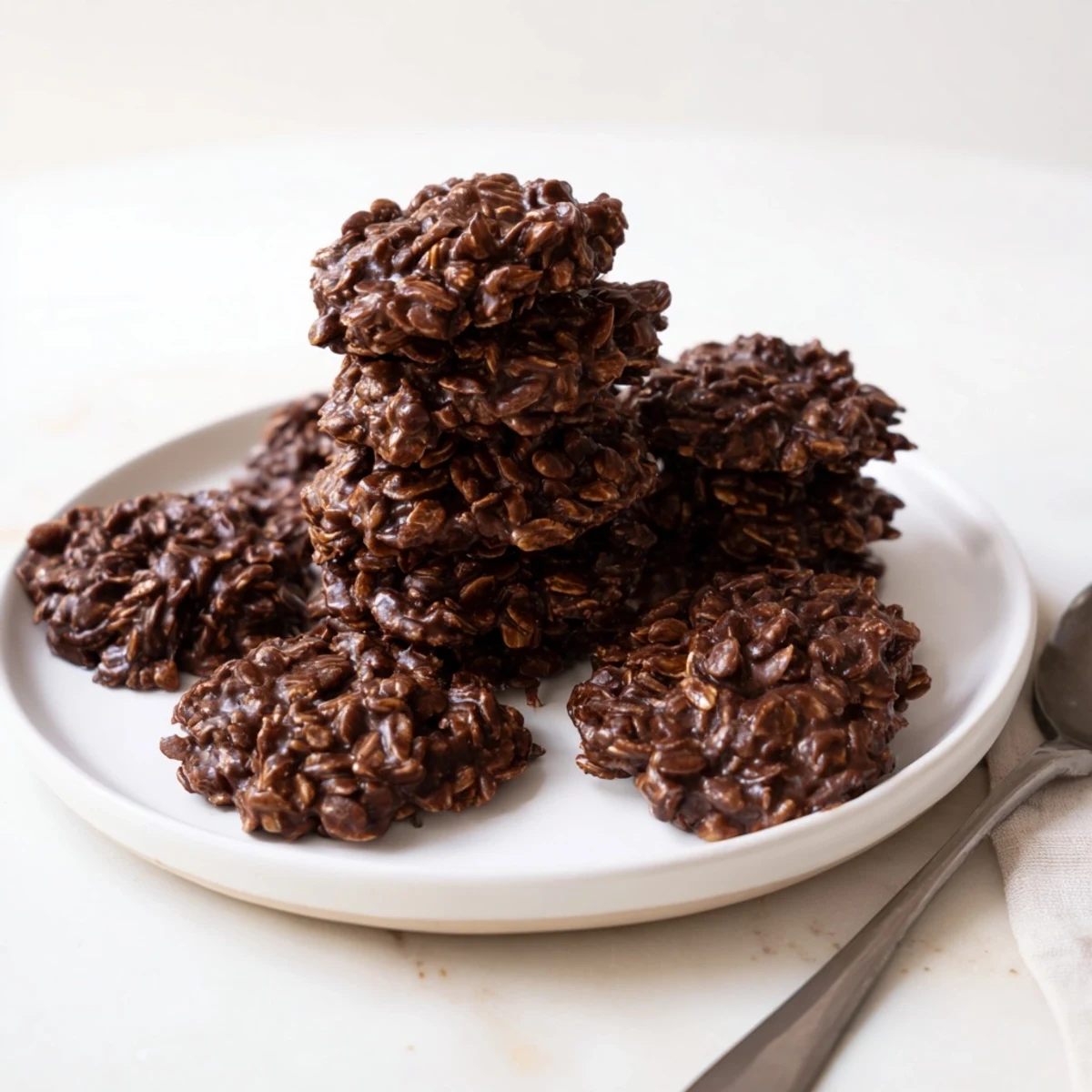 Rich chocolate oatmeal no bake cookies scooped into rustic rounds on a wire rack