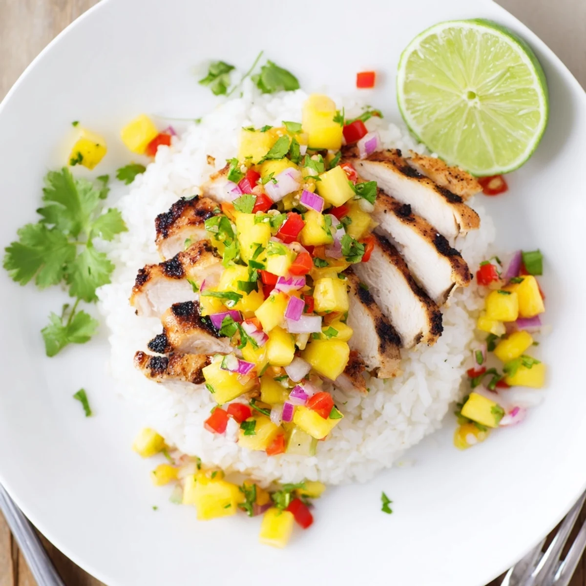 Juicy grilled chicken topped with vibrant pineapple-mango salsa and fluffy coconut rice on a white plate