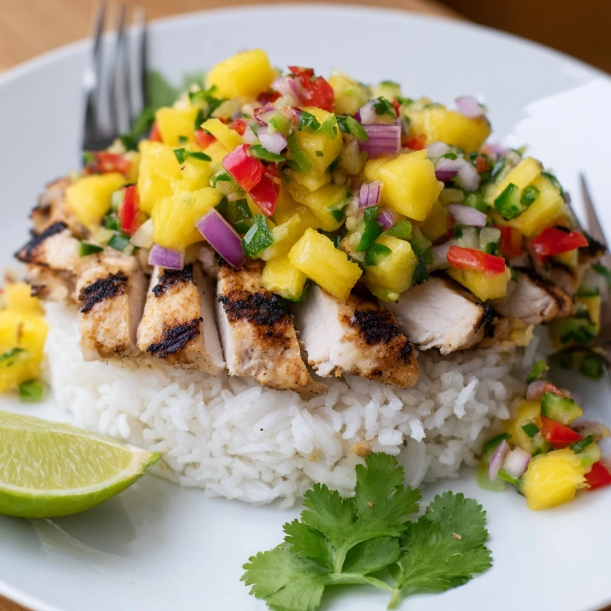 Tropical Dinner Delight featuring smoky sliced chicken breast, colorful fruit salsa, and garnished with fresh lime wedges