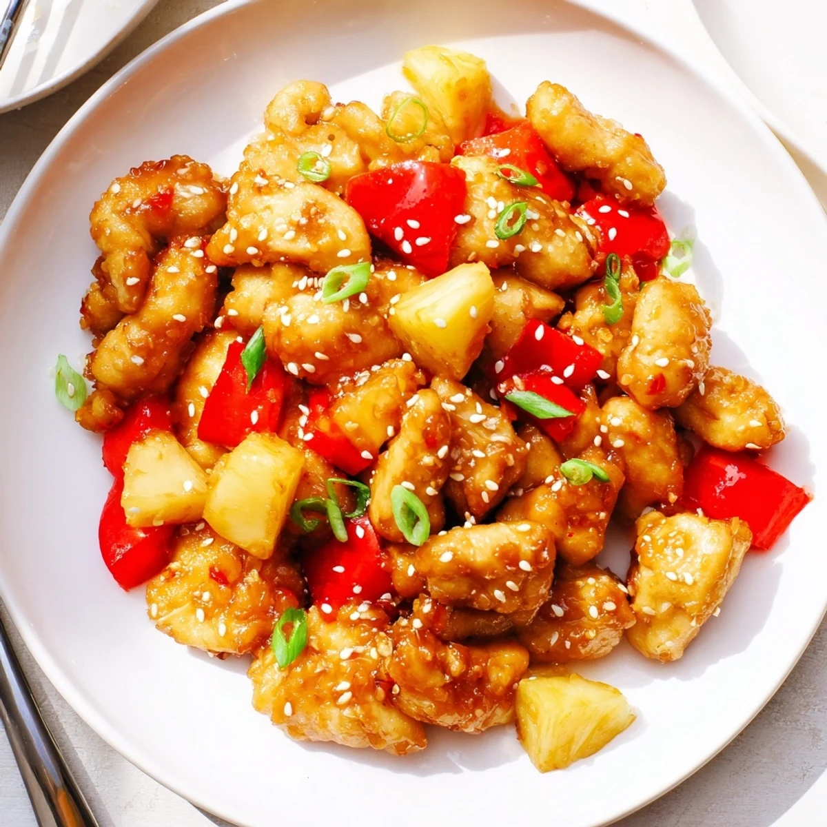 Golden Hawaiian Chicken glazed in tangy pineapple sauce with colorful bell peppers and sesame seeds.