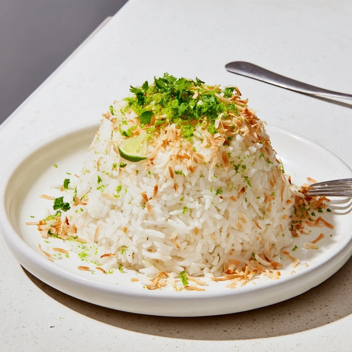 Steaming bowl of coconut rice garnished with toasted flakes and fresh cilantro