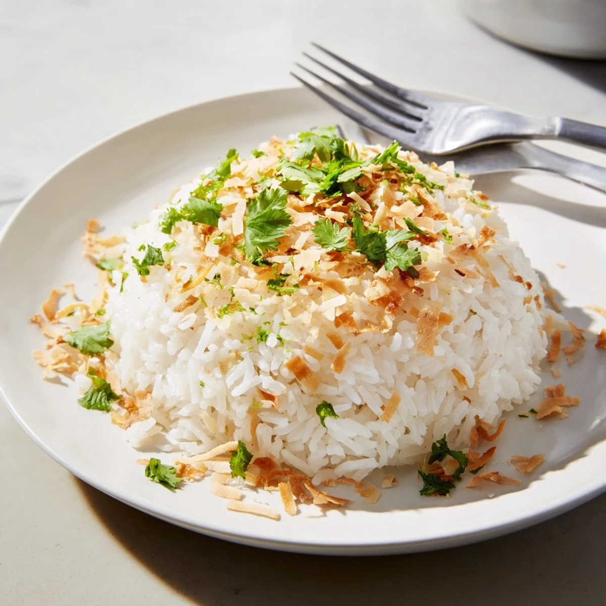 Creamy coconut rice topped with lime zest and coconut flakes in a ceramic dish