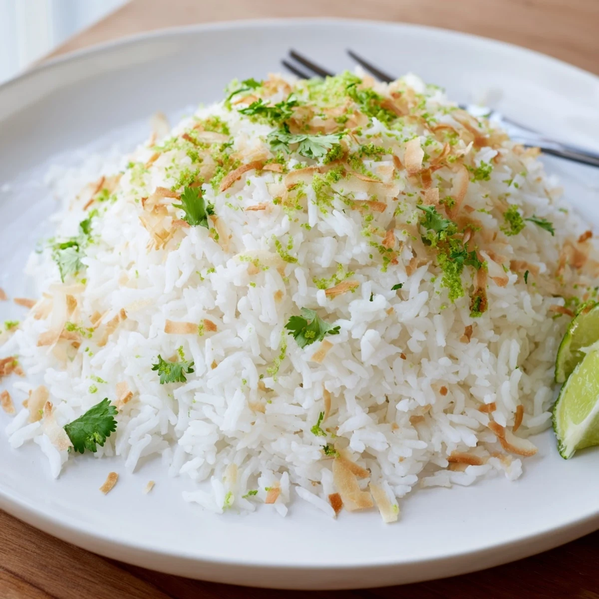 Fluffy coconut rice served alongside a vibrant Thai curry in a white bowl