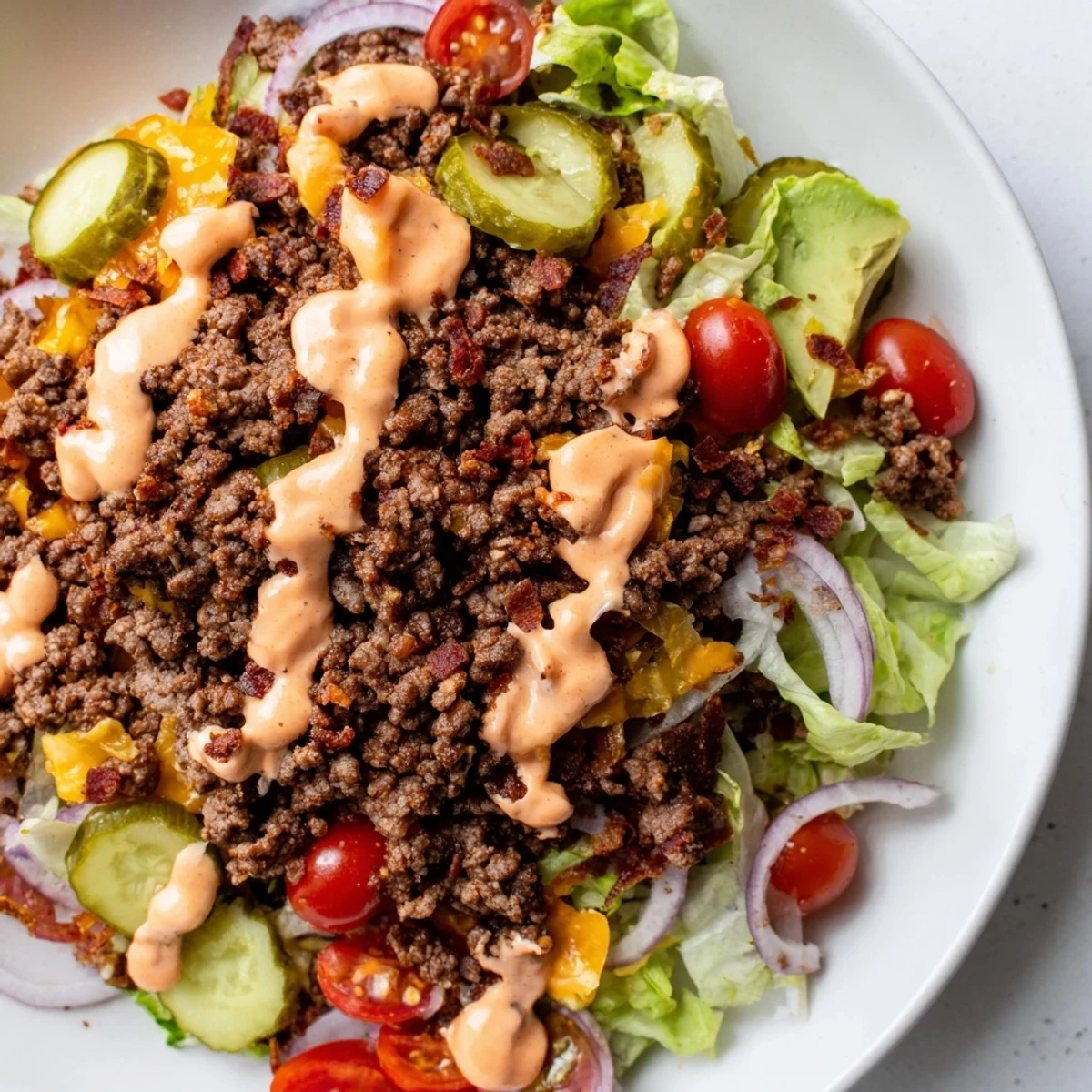 Colorful burger bowls featuring golden ground beef, ripe tomatoes, and tangy pickle slices