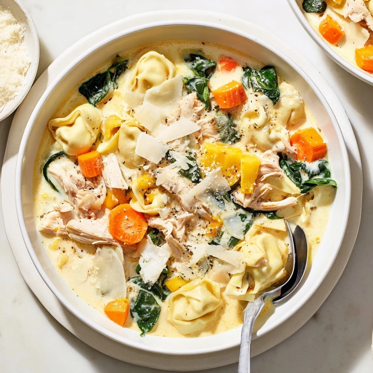 A white bowl of crockpot chicken tortellini soup filled with tender pasta and shredded chicken.