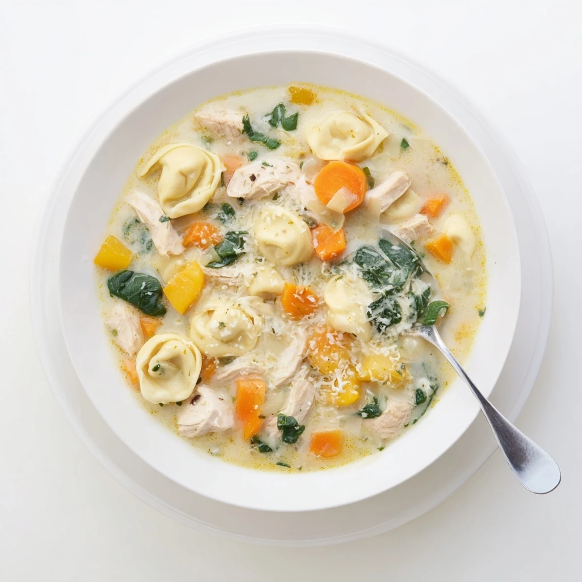 Creamy crockpot chicken tortellini served in a bowl with spinach and a dusting of parmesan.