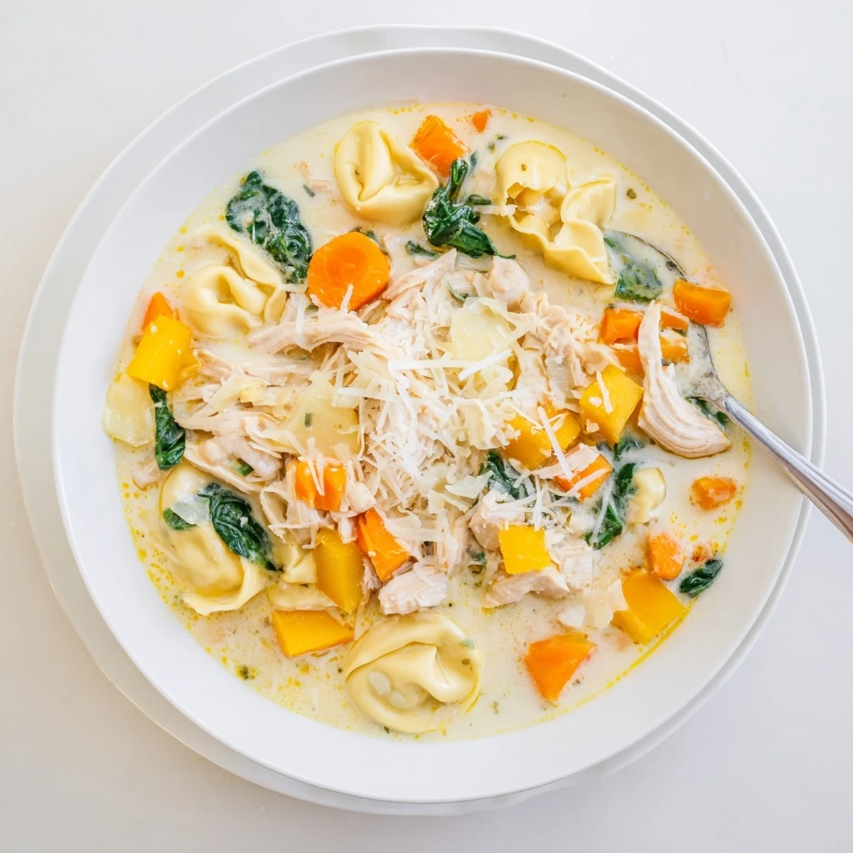 Hearty crockpot chicken tortellini featuring cheesy pasta and shredded chicken in a rich, savory broth.