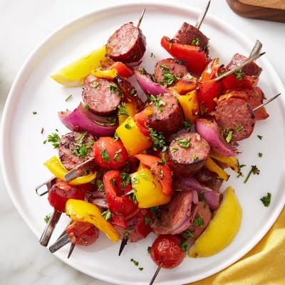 Juicy beef sausage and vibrant bell peppers on skewers, fresh off the grill and served with lemon wedges for brightness.
