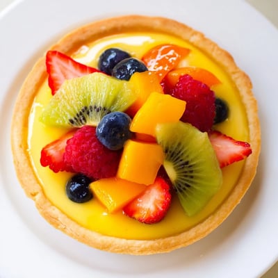 Sliced strawberries, kiwi, and blueberries arranged artfully over the creamy vanilla custard of this vibrant Fruit Tart with Vanilla Custard.