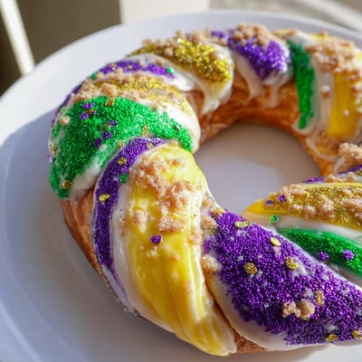 Drizzled with sweet vanilla glaze and colorful sanding sugars, Mardi Gras King Cake Bagels display a festive New Orleans twist.