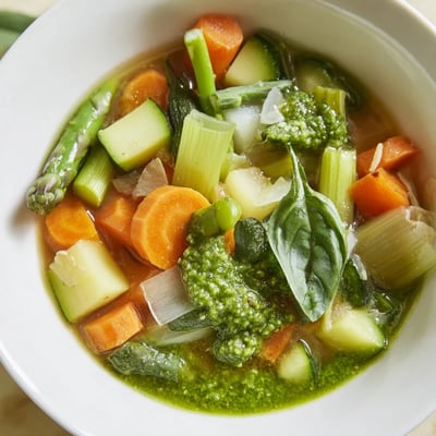 Freshly cooked Spring Vegetable Soup with Pesto served in a rustic bowl, garnished with a spoonful of homemade pesto and a lemon wedge.