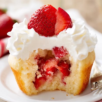Freshly diced strawberries nestled inside soft vanilla Strawberry Shortcake Cupcakes, finished with a cloud of sweet whipped cream for a handheld dessert.