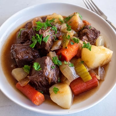Hearty Beef Stew with Root Vegetables served steaming in a rustic bowl, perfect for a cozy family dinner.  