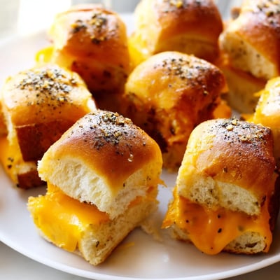 Warm mini grilled cheese Hawaiian rolls pulled apart revealing stretchy melted cheddar centers
