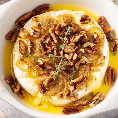 Creamy baked brie oozing onto sweet onions and crunchy pecans on rustic board