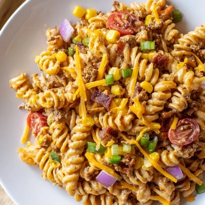 Colorful cowboy pasta salad featuring tender rotini, crispy bacon, sweet corn, and juicy cherry tomatoes tossed together