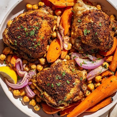 Tender sumac chicken served over roasted carrots and crispy chickpeas with parsley