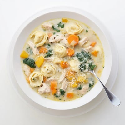 Creamy crockpot chicken tortellini served in a bowl with spinach and a dusting of parmesan.